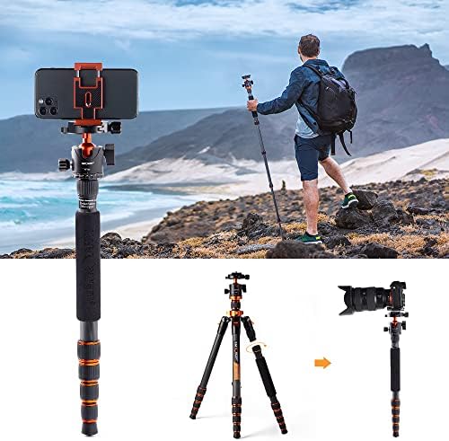 K&F Concept 68" Carbon Fiber Camera Tripod,Compact Tripods with Metal Ball Head,Quick Release Plate,Detachable Monopod 10KG Load for DSLR Cellphone Tripods(SA255C1) D255C4+BH-28L - Image 8