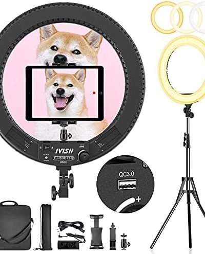 IVISII 18 inch Ring Light with Stand and Phone Holder & Ball Head, 60W Bi-Color 3000-5800K, Professional Ring Light with Tripod for Makeup, Vlog, Tattoo, Large Ring Light for Phone, Camera, Tablet