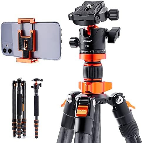 K&F Concept 68" Carbon Fiber Camera Tripod,Compact Tripods with Metal Ball Head,Quick Release Plate,Detachable Monopod 10KG Load for DSLR Cellphone Tripods(SA255C1) D255C4+BH-28L